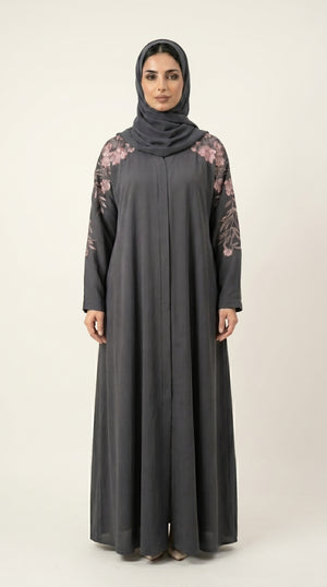 Grey Embroidery Flower Work Zoom Zip Abaya  Emarati