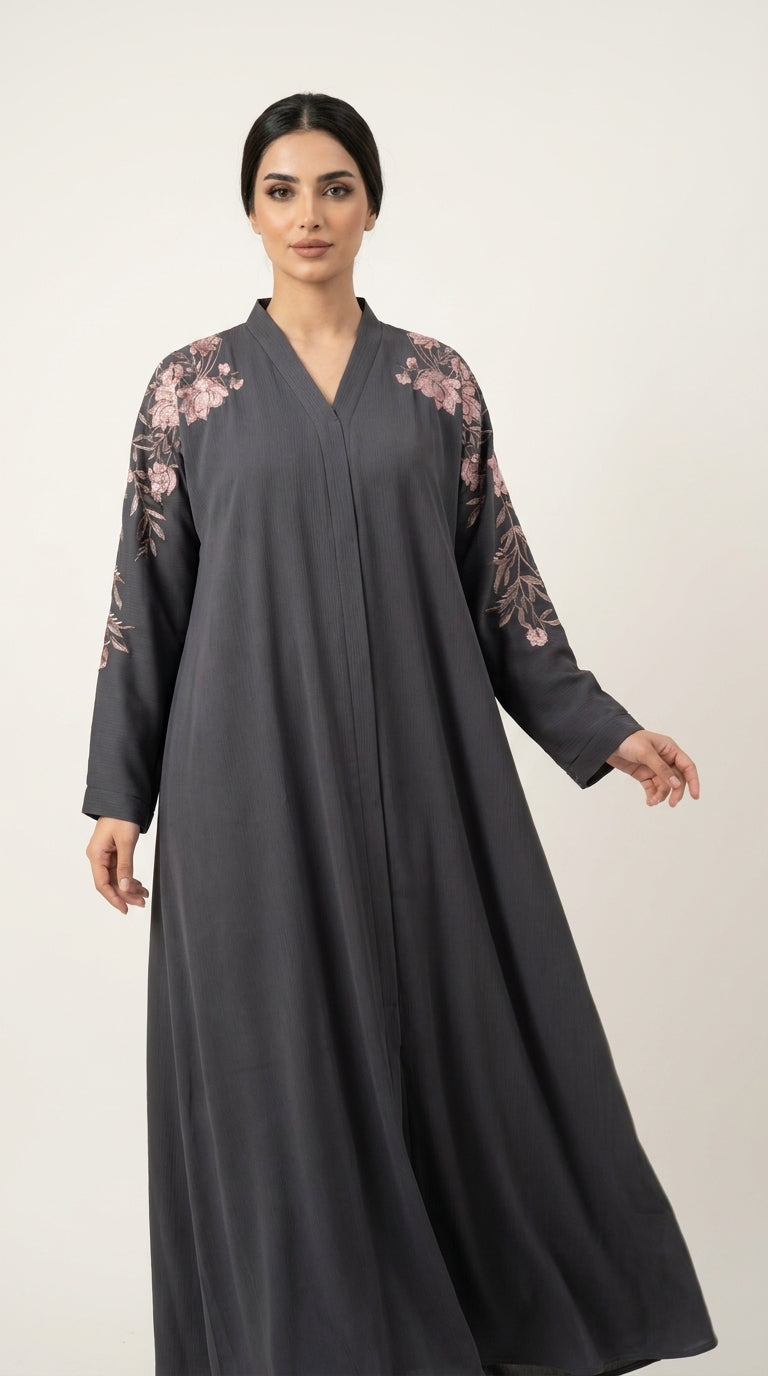 Grey Embroidery Flower Work Zoom Zip Abaya  Emarati
