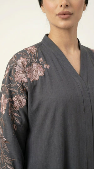 Grey Embroidery Flower Work Zoom Zip Abaya  Emarati