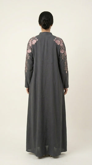 Grey Embroidery Flower Work Zoom Zip Abaya  Emarati