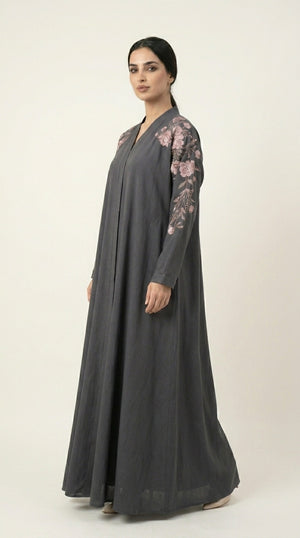 Grey Embroidery Flower Work Zoom Zip Abaya  Emarati