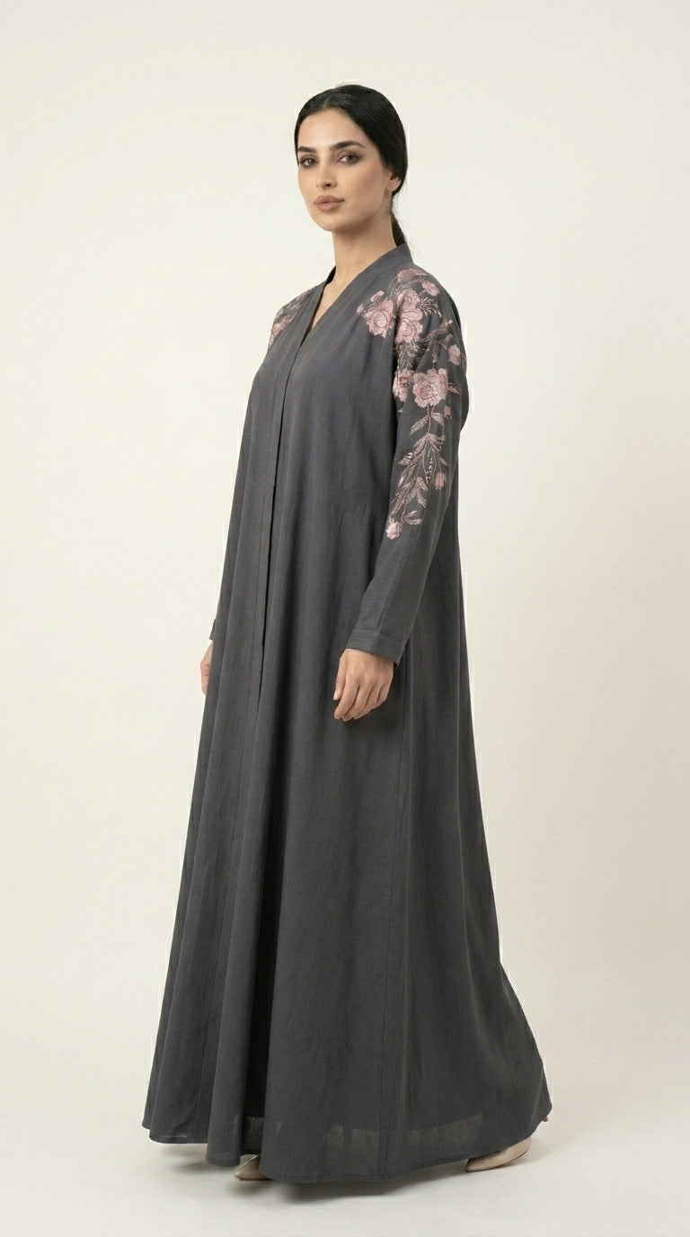 Grey Embroidery Flower Work Zoom Zip Abaya  Emarati