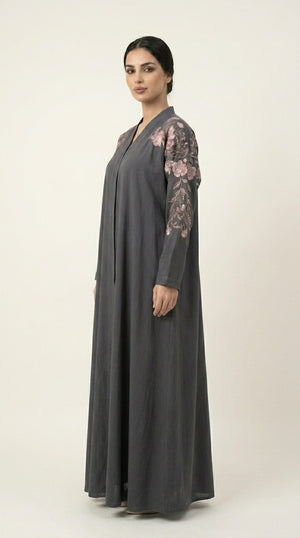 Grey Embroidery Flower Work Zoom Zip Abaya  Emarati