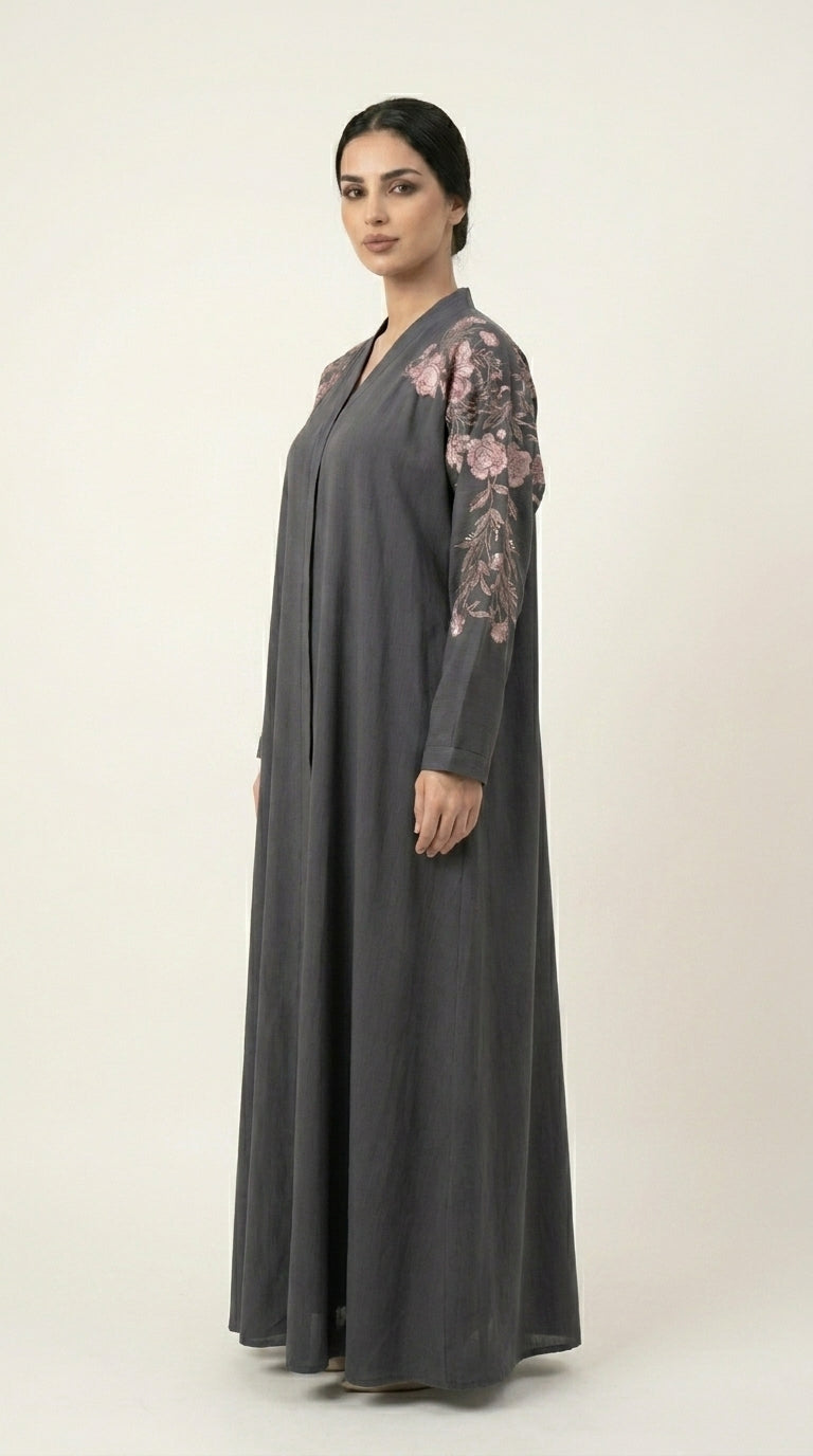 Grey Embroidery Flower Work Zoom Zip Abaya  Emarati