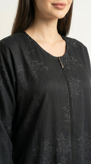 Grey Maryam Bamboo Leaf Work Open Abaya with Zip  Emarati