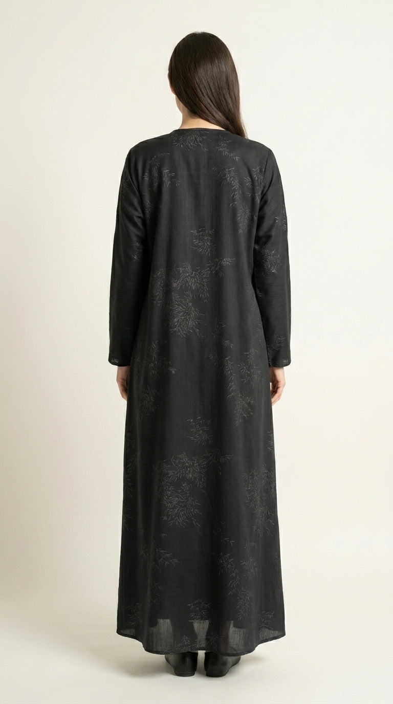 Grey Maryam Bamboo Leaf Work Open Abaya with Zip  Emarati