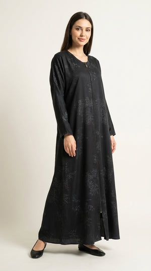 Grey Maryam Bamboo Leaf Work Open Abaya with Zip  Emarati