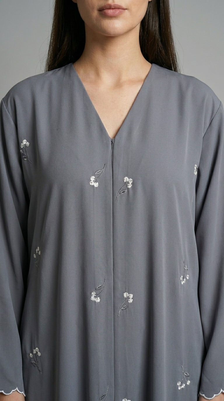 Grey Open Abaya with Dainty Floral Embroidery  Emarati