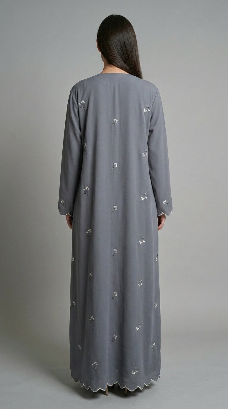 Grey Open Abaya with Dainty Floral Embroidery  Emarati