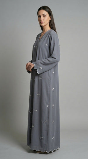 Grey Open Abaya with Dainty Floral Embroidery  Emarati