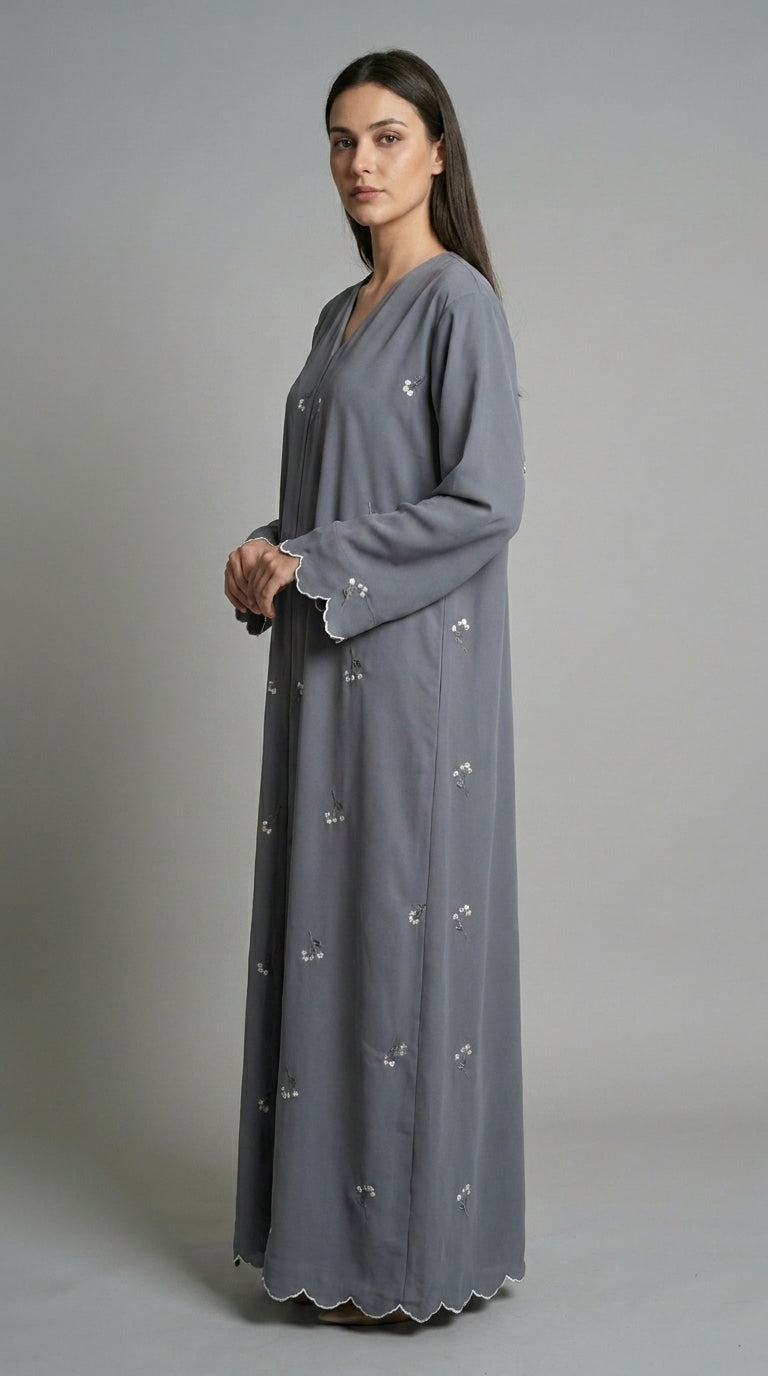 Grey Open Abaya with Dainty Floral Embroidery  Emarati