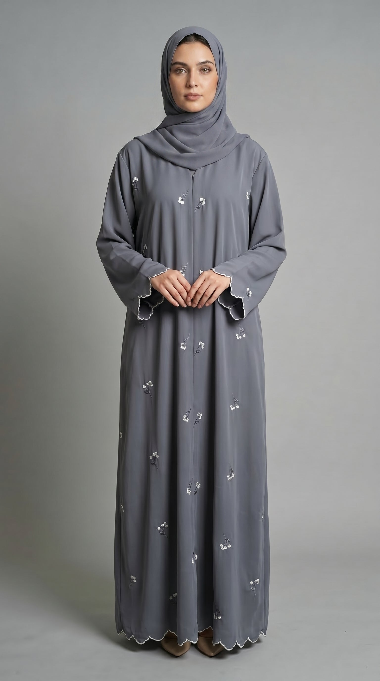Grey Open Abaya with Dainty Floral Embroidery  Emarati