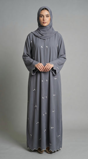 Grey Open Abaya with Dainty Floral Embroidery  Emarati