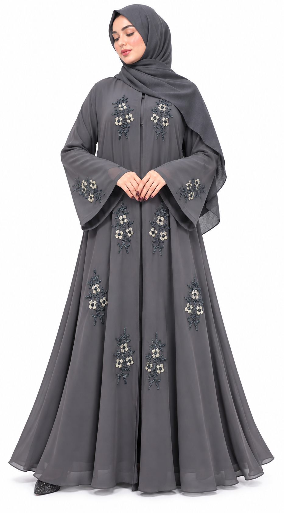 Handcrafted grey open abaya with delicate beaded floral chiffon detailing for an elegant modest look.