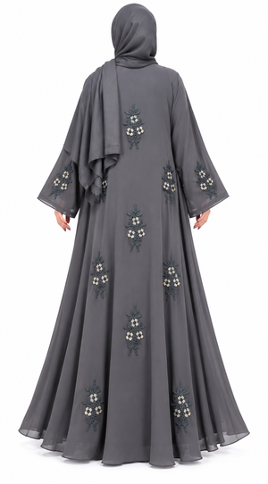 Grey beaded floral chiffon open abaya featuring intricate handcrafted embellishments and a sophisticated design.