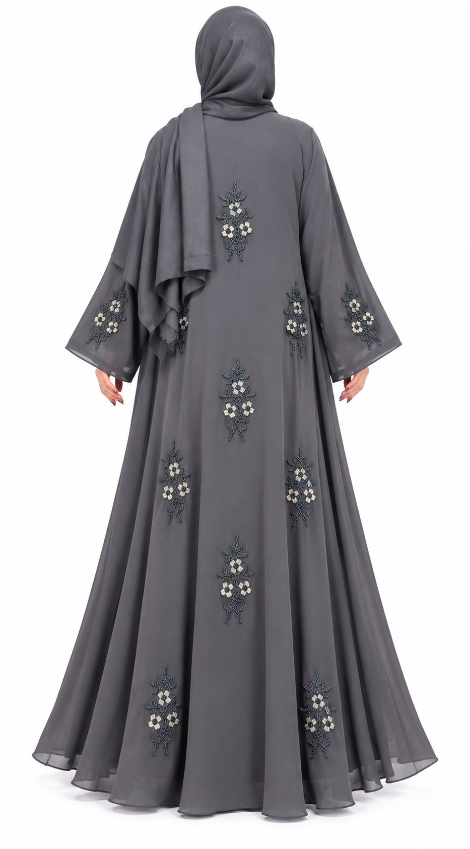 Grey beaded floral chiffon open abaya featuring intricate handcrafted embellishments and a sophisticated design.