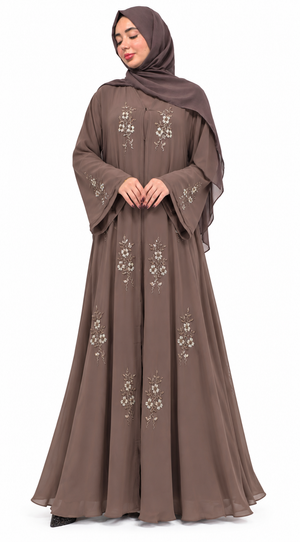 Handcrafted nude Serene open abaya with beaded floral chiffon
Full-sleeve inner and matching scarf
