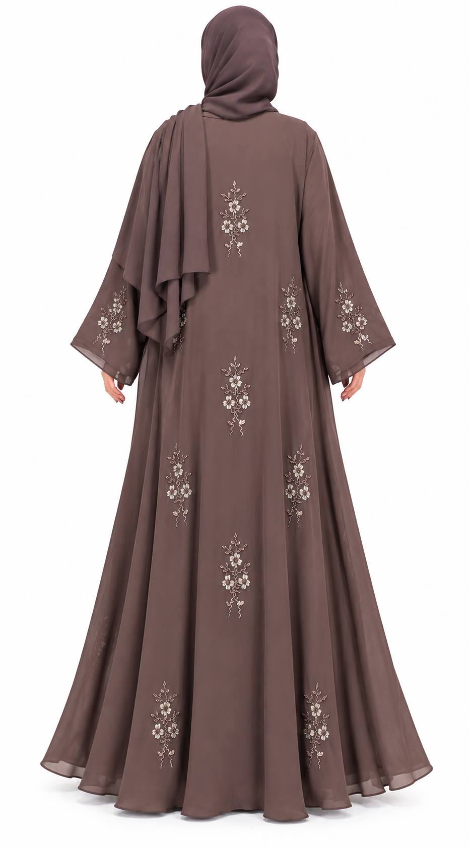 Nude Serene open abaya featuring delicate beaded floral chiffon embellishments, paired with a full-sleeve inner and matching hijab scarf.