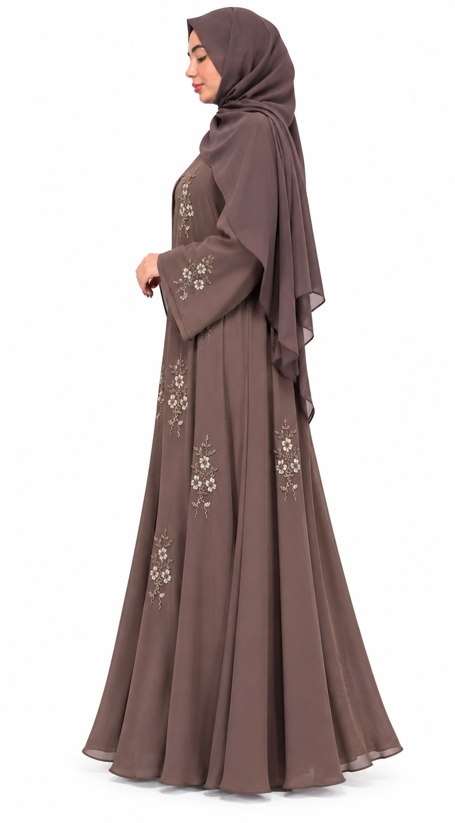 Elegant nude open abaya with handcrafted floral beadwork on chiffon, full-length sleeves, coordinated inner dress, and matching scarf.