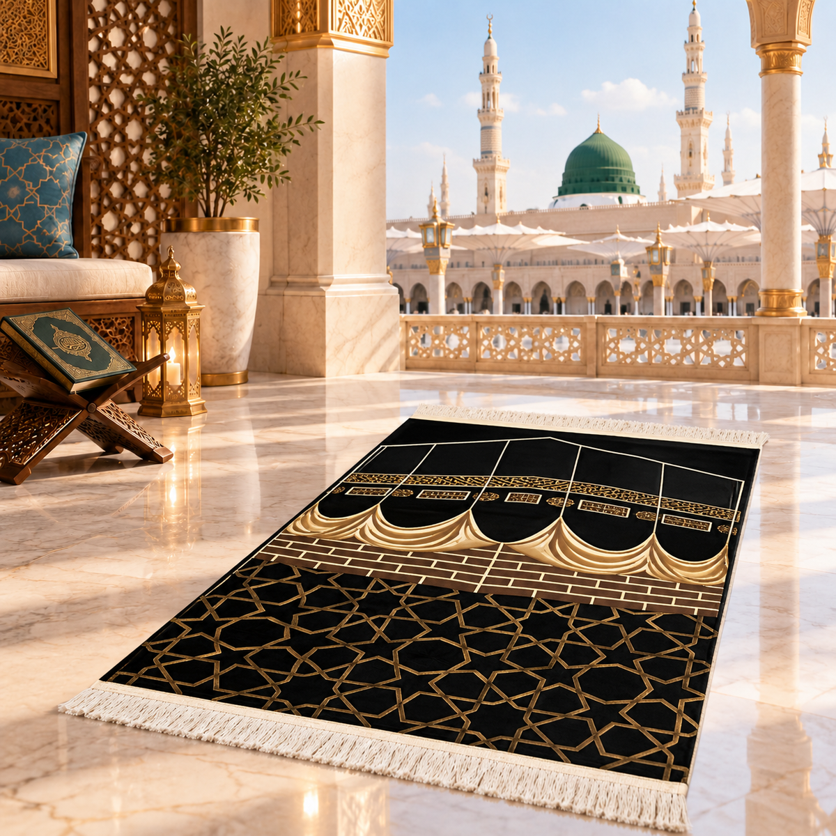 Kaaba Design Chenille Prayer Mat Gold  Emarati