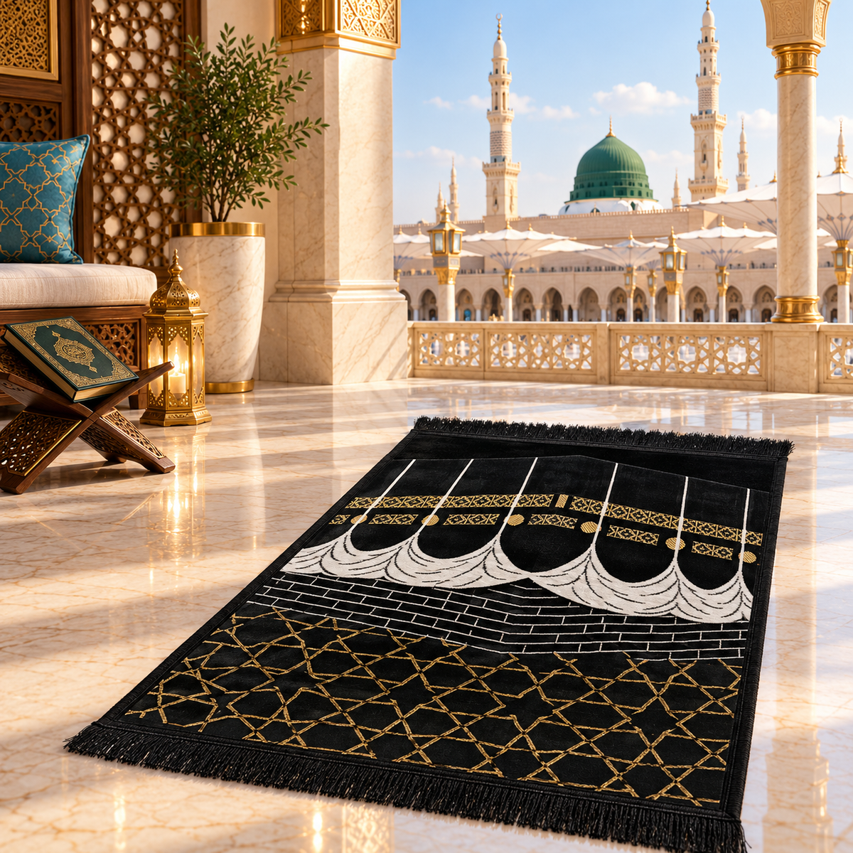 Kaaba Design Chenille Prayer Mat White  Emarati