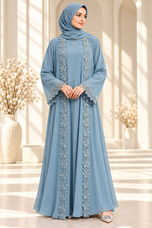 Light blue luxury couture open abaya with intricate 3D floral embellishments, front view