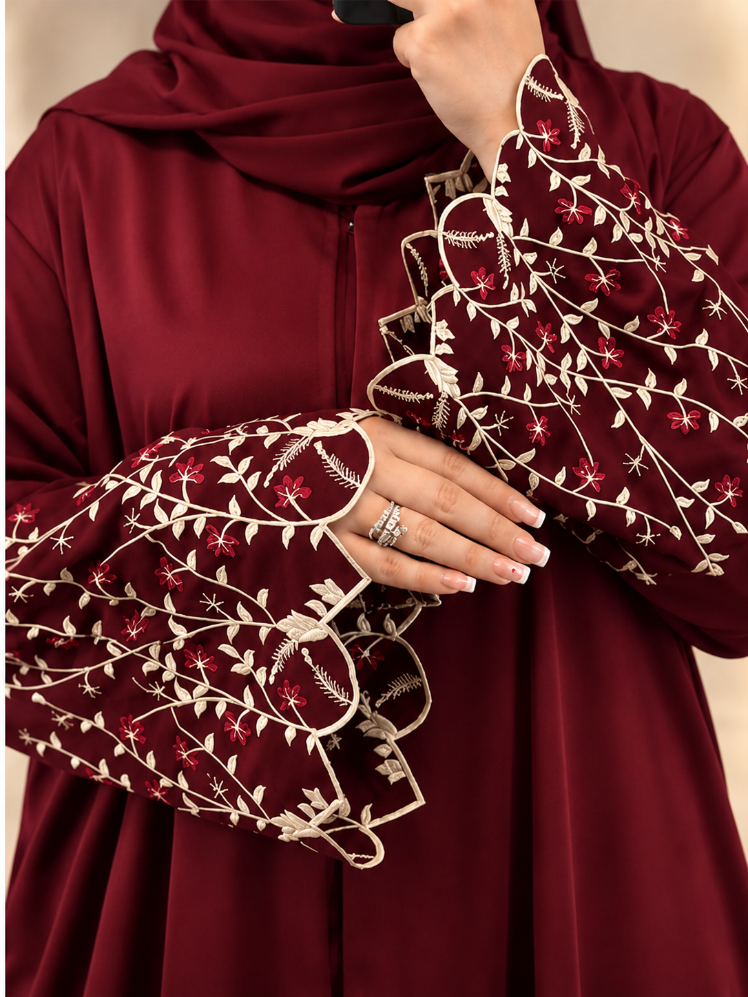 Elegant Maroon Floral Embroidered Sleeves Open Abaya  Emarati