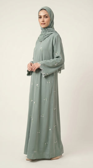 Mint Open Abaya with Dainty Floral Embroidery  Emarati