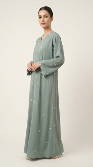 Mint Open Abaya with Dainty Floral Embroidery  Emarati