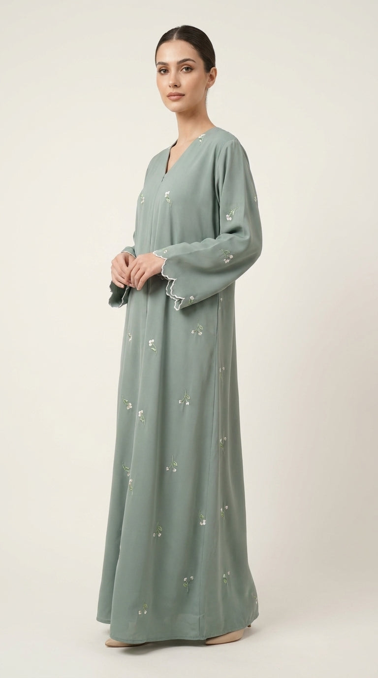 Mint Open Abaya with Dainty Floral Embroidery  Emarati