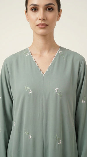 Mint Open Abaya with Dainty Floral Embroidery  Emarati