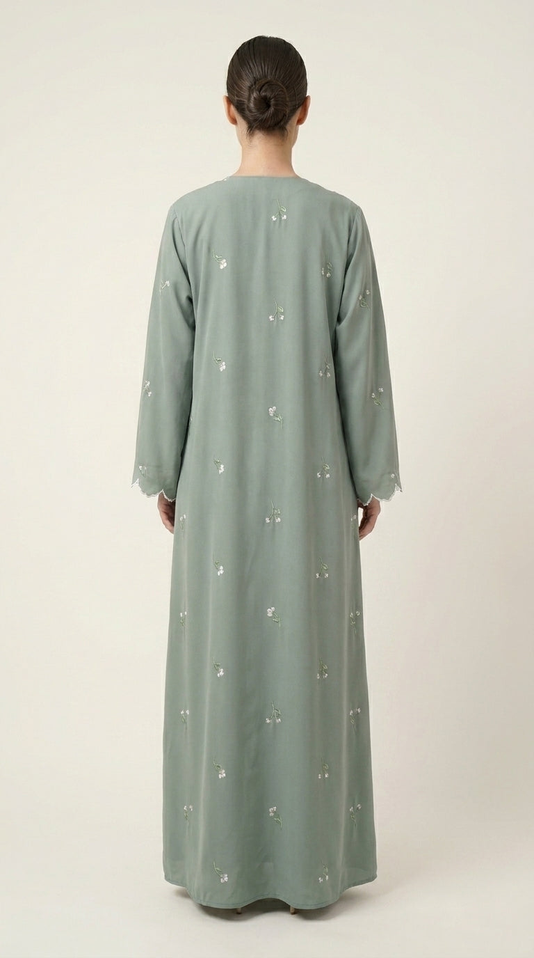 Mint Open Abaya with Dainty Floral Embroidery  Emarati