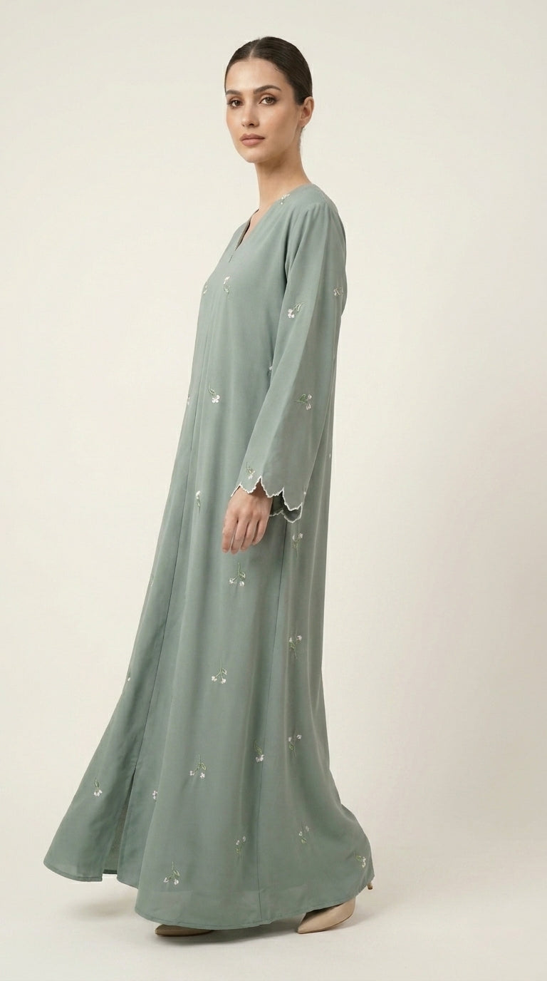 Mint Open Abaya with Dainty Floral Embroidery  Emarati