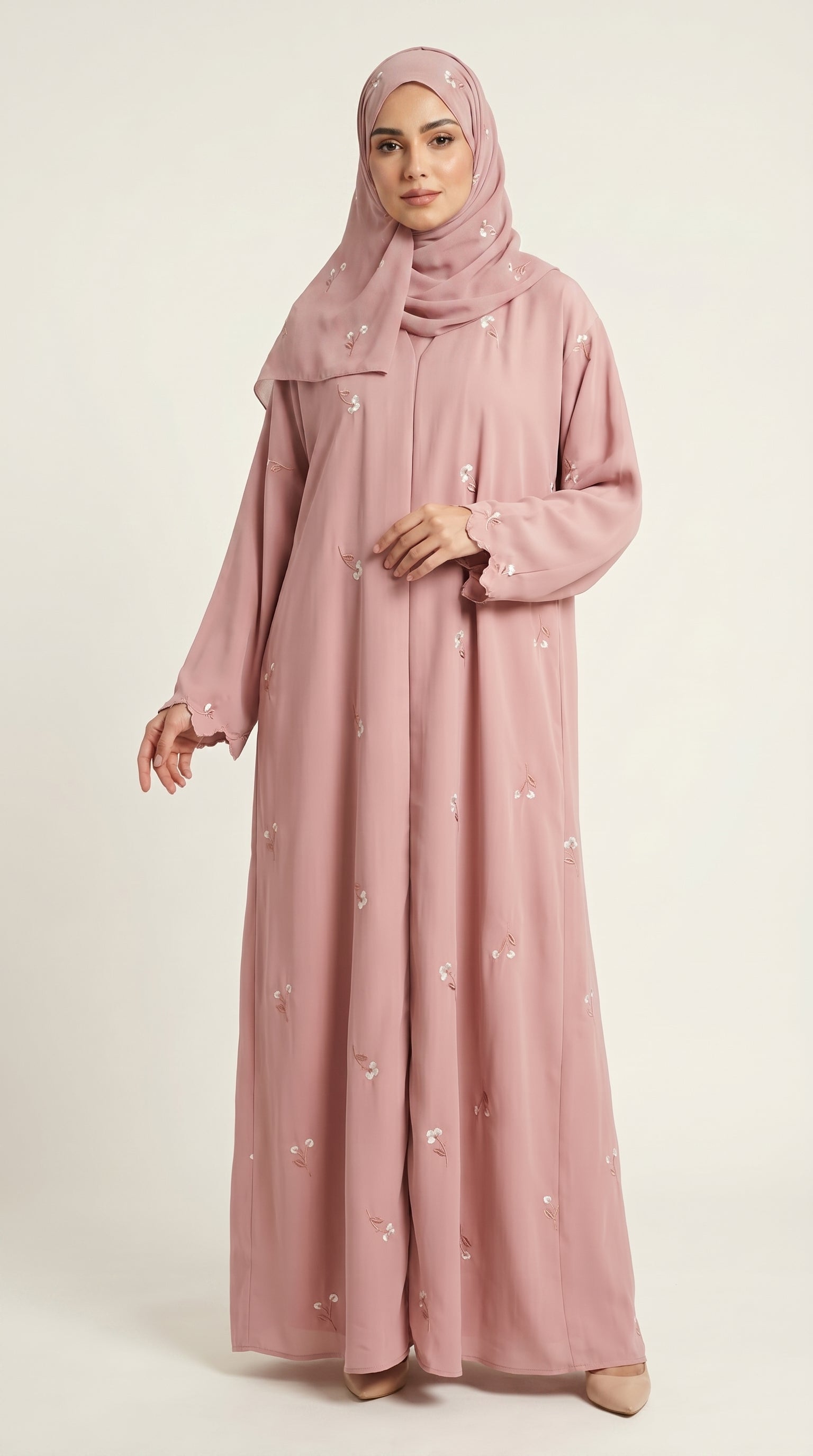 Pink Open Abaya with Dainty Floral Embroidery  Emarati