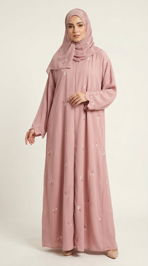 Pink Open Abaya with Dainty Floral Embroidery  Emarati