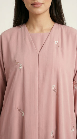 Pink Open Abaya with Dainty Floral Embroidery  Emarati
