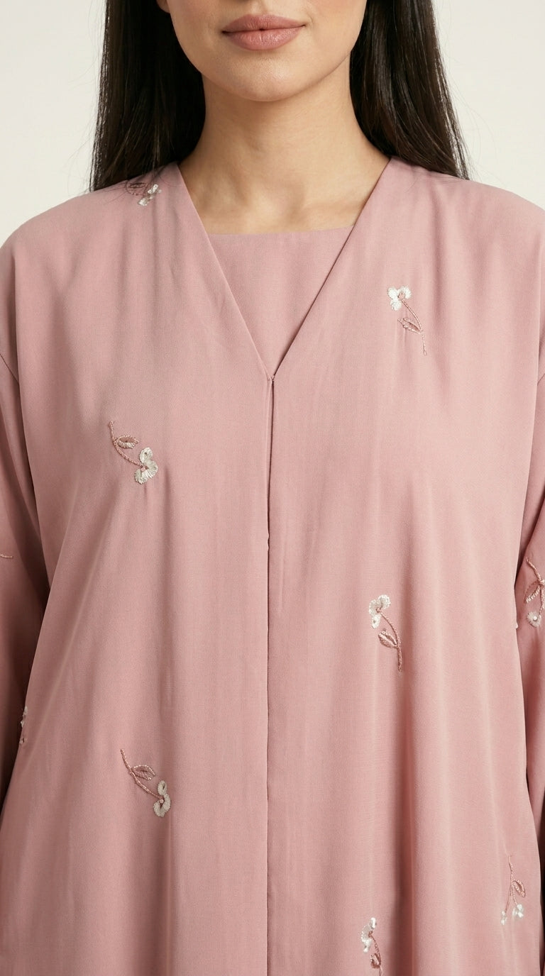 Pink Open Abaya with Dainty Floral Embroidery  Emarati