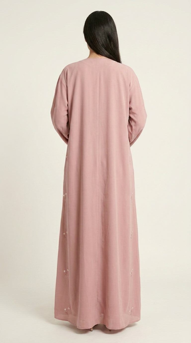 Pink Open Abaya with Dainty Floral Embroidery  Emarati