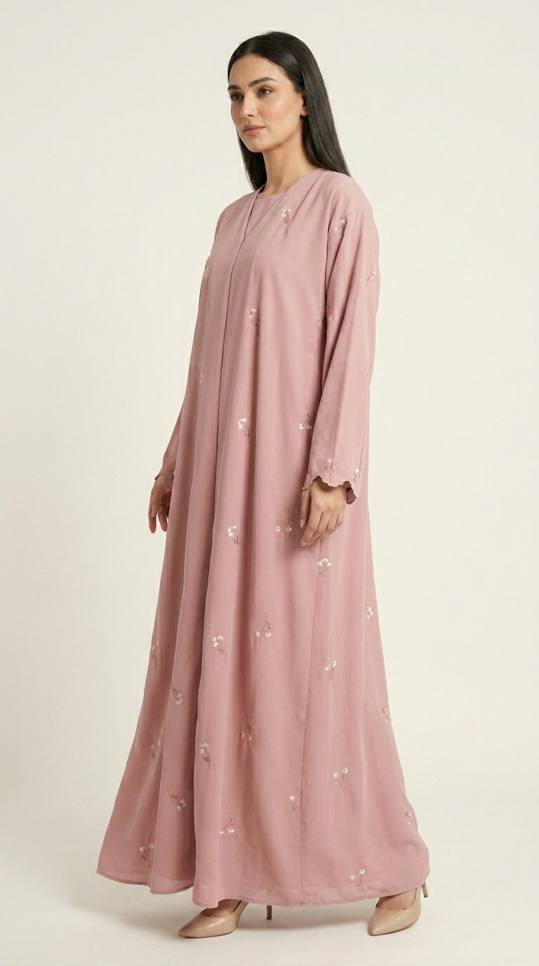 Pink Open Abaya with Dainty Floral Embroidery  Emarati