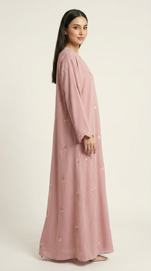 Pink Open Abaya with Dainty Floral Embroidery  Emarati