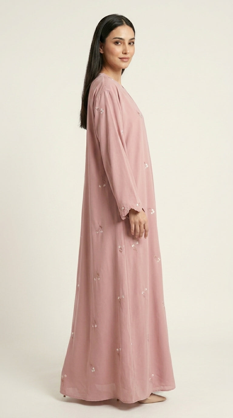 Pink Open Abaya with Dainty Floral Embroidery  Emarati