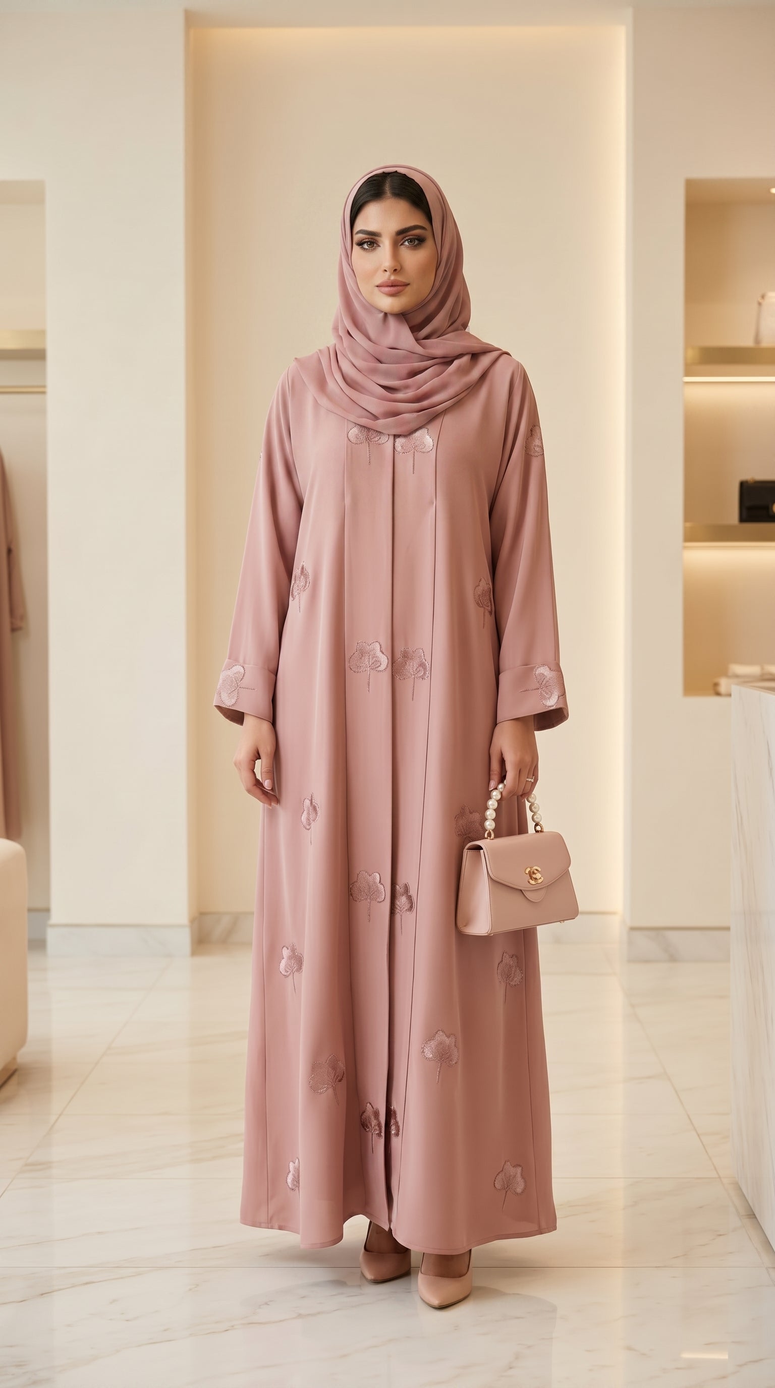 Pink Velvet Flower Open Abaya  Emarati