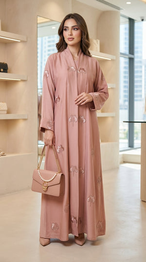 Pink Velvet Flower Open Abaya  Emarati