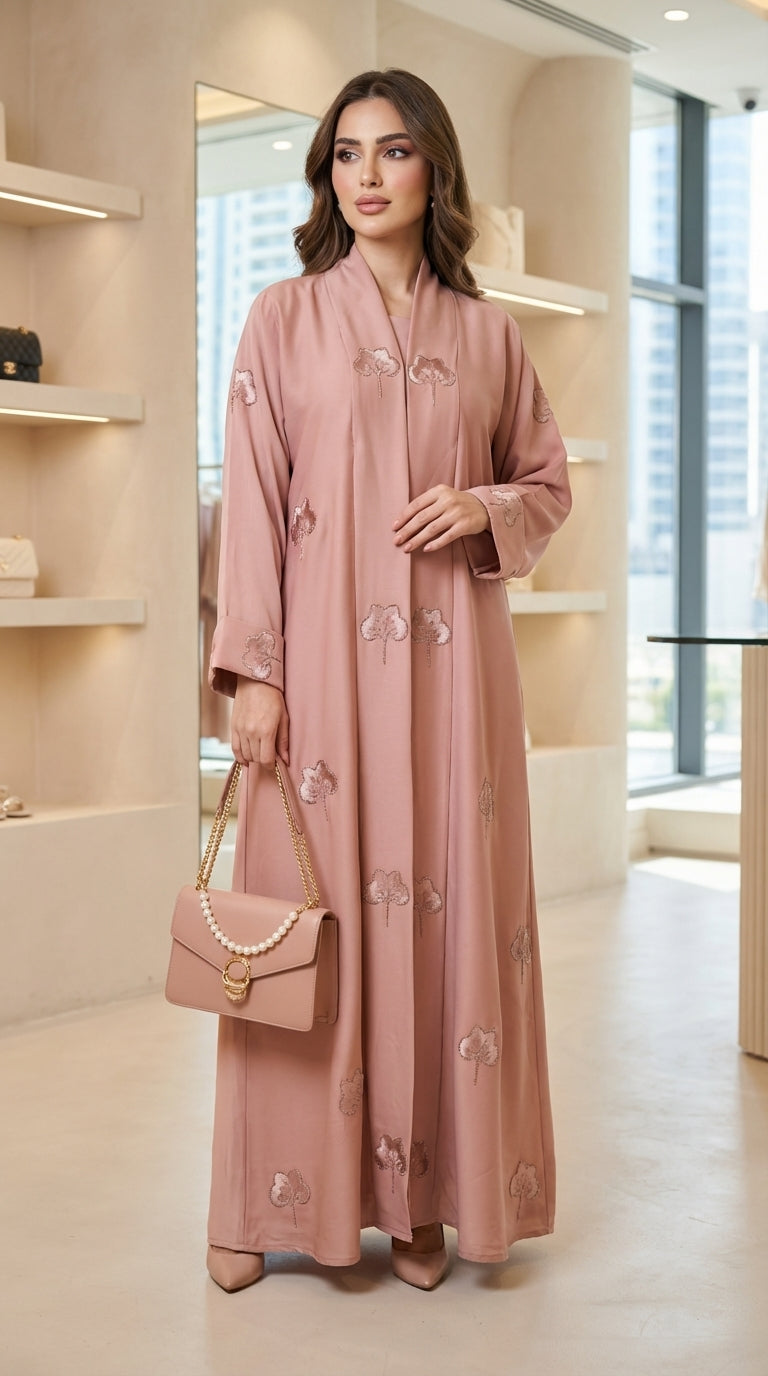 Pink Velvet Flower Open Abaya  Emarati