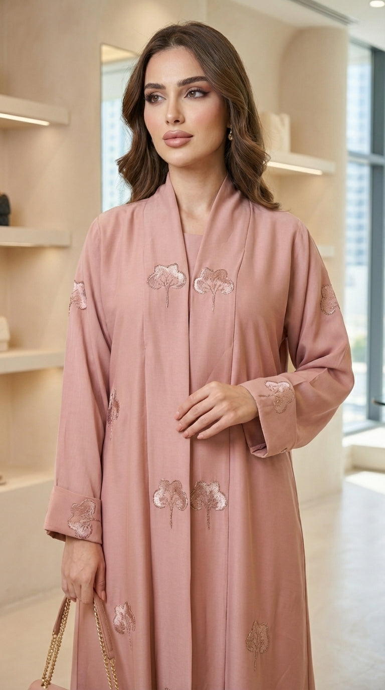 Pink Velvet Flower Open Abaya  Emarati