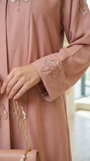 Pink Velvet Flower Open Abaya  Emarati