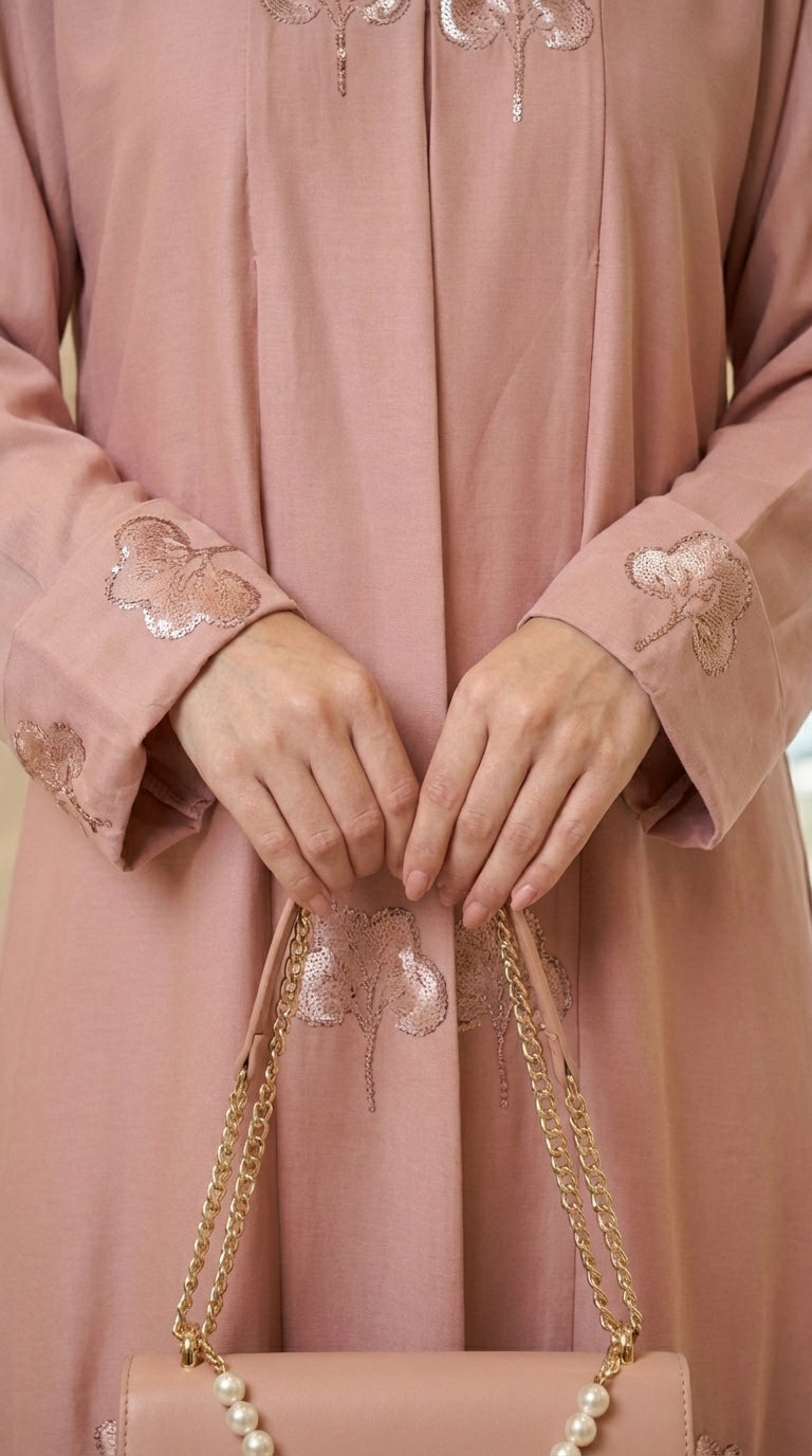Pink Velvet Flower Open Abaya  Emarati