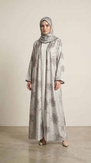 White Leaf Print 3-Pieces Set Open Abaya  Emarati