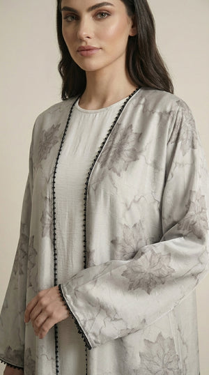 White Leaf Print 3-Pieces Set Open Abaya  Emarati