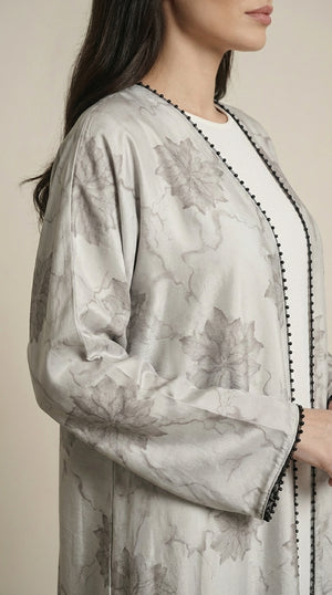 White Leaf Print 3-Pieces Set Open Abaya  Emarati